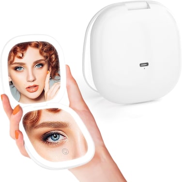 Radiotronics Compact Travel Makeup Mirror, 5x/10x Magnifying Cosmetic Mirror with LED Light, Double Sided Dimmable and Touch Screen, Portable Pocket Cosmetic Mirror.(5X mirror)