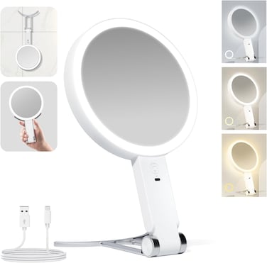 Rechargeable Travel Makeup Vanity Mirror with Lights, Portable 1X/10X Magnifying Mirror with Light, 3 Colors, Brightness Adjustable