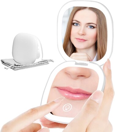 Compact LED Magnifying Travel Makeup Mirror 1X/10X Magnification Small Hand Pocket Mirror 3 Light Colors Dimmable Double Sided USB Rechargeable Touch Screen