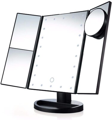 Lighted Makeup Mirror with 10X/3X/2X/1X Magnification, Trifold Vanity Mirror with 22 LED Lights, 180 Degree Free Rotation &amp; Touch Screen Control