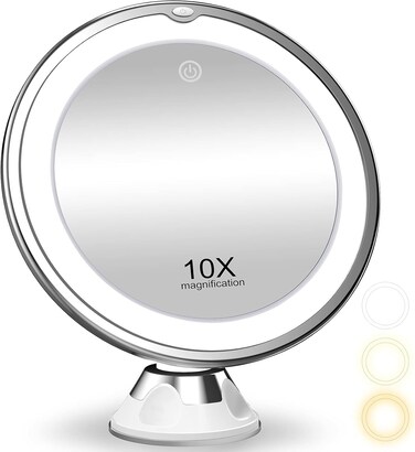 Magnifying Mirror with Light, 10X Magnification 3 Light Modes Makeup Mirror with Suction Cups Intelligent Switch, 360 Degree Swivel Joint