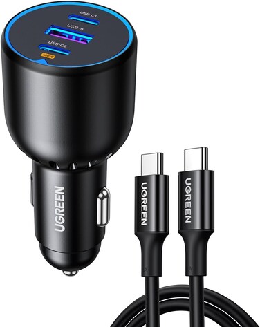 130W Type C Car Fast Charger, 3-Port Macbook USB Car Power Adapter With 100W USB C Cable, Automobile Charger Plug for Samsung S25 Series, iPhone, Steam Deck, Macbook