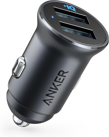 Car Charger, Mini 24W 4.8A Metal Dual USB Car Charger, PowerDrive 2 Alloy Flush Fit Car Adapter with Blue LED, for iPhone 16/15/14/13/12, Samsung, Huawei, Xiaomi, Redmi
