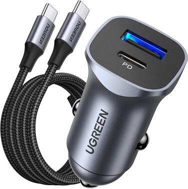 Car Charger Fast Charging PD30W Dual Port USB C iPhone 16 Pro Charger Fast Charge Car Phone Adapter Plug with USB C Cable 1M Braided