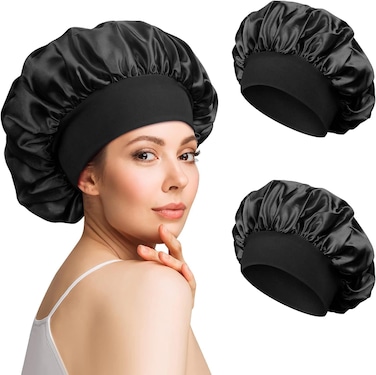 2pcs Satin Bonnet Silk Bonnet for Curly Hair, Hairs Bonnets Silk Hair Wrap for Sleeping, Night Sleep Cap for Women (Black)