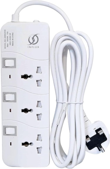 3-Outlet 3-Meter Extension Cord, Multi-Plug Power Extension with Individual Safety Buttons, Ideal for Home, Office