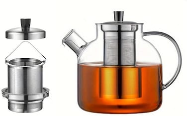 Glass Teapot with Removable Infuser, Stovetop Safe Large Tea Pot, Blooming and Loose Leaf Hand Crafted Kettle for Women and Adult with Stainless Infuser