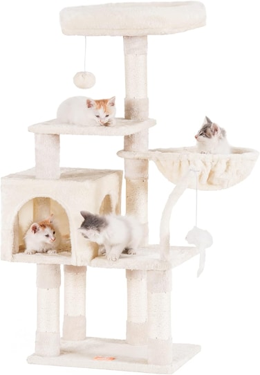 Cat Tree with Toy, Cat Tower Condo for Indoor Cats, Cat House with Padded Plush Perch, Cozy Hammock and Sisal Scratching Posts, Beige