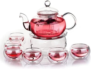 Glass Teapot Set, 600ml Stovetop Safe Glass Tea Kettle with 6 Double-Wall Tea Cups &amp; Loose Tea Infuser &amp; Tea Warmer (TE088)