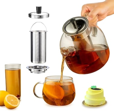 1500ml (50oz) Large Round Glass Teapot with Removable Stainless Steel Infuser Strainer &amp; Lid - Borosilicate Heat Resistant Stovetop Safe Glass Tea Kettle Blooming &amp; Loose Leaf Tea Maker
