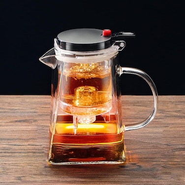 750ML Clear Tea Kettle with One Button Press to Filter the Tea Soup Glass Teapot with Removable Tea Infuser Loose Leaf Tea Maker Gift-Square Pot