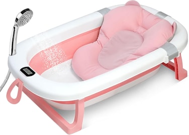 Baby Foldable Bath Tub with Bathmat Cushion &amp; Thermometer, Portable Baby Bathtub with Drain Hole, Shower Basin with Non-Slip Support Leg for 0-6 Years Boy Girl (Pink)