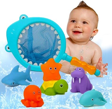 7Pcs Baby Bath Toys, Scoop Net Fish Pool Toys With Spray, Sounds, Color Changing Toddler Bathtub Toys, Soft Baby Pool Accessories