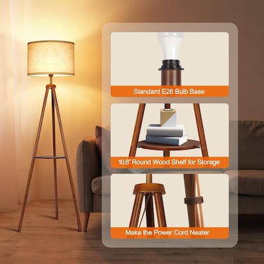 Wooden Tripod Floor Lamp with Shelf, 4 Colour temperatures Mid Century Dimmable Floor Lamp with Remote &amp; &lrm;Foot Switch, for Living Room Bedroom Office, Walnut