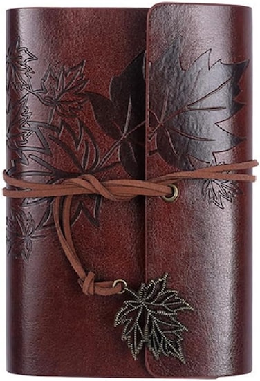 1 Pack Vintage Retro PU Leather Cover Notebook Journal Diary, Leaf Pattern Spiral Blank String Daily Notepad, Kraft Paper, Classic Embossed, Loose Leaf (Coffee Brown, A5)