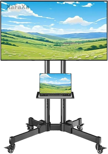 TV Stand with Laptop Shelf, Mobile TV Stand with Wheels for 32-70 Inch TVs, Height Adjustable Mobile TV Cart up to 130lbs, Portable TV Stand for Outdoor, Home, Office