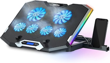 C11 Laptop Cooling Pad RGB Gaming Notebook Cooler, Laptop Fan Stand Adjustable Height with 6 Quiet Fans and Phone Holder, Computer Chill Mat, for 15.6-17.3 Inch Laptops - Blue LED Light