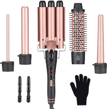 Curling Wand Set, 5-IN-1 Hair Curler Iron, Professional Curling Wand Set, with Heat Protective Glove &amp; 2 Clips (D)