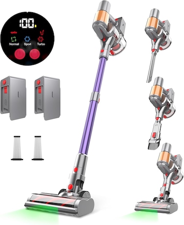 Cordless Vacuum Cleaner, 2 Batteries 120 Mins Runtime, 550W 45KPA Stick Vacuum with Self-Standing, Vacuum Cleaner for Home Hardwood Floor, Carpet, Pet Hair (purple)
