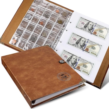 Coin collecting holder album with 150 coin pockets and 240 paper currency pockets, pu leather coins collection holder penny currency storage book, Holder Album-03