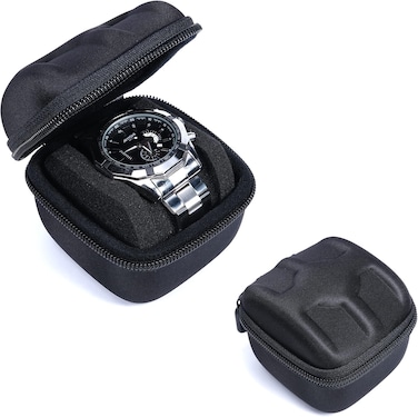 Hard Single Watch Travel Case, Portable Zipper Watch Storage and Organizer for Men, with soft anti-move watch pillow (Black 1 slot)