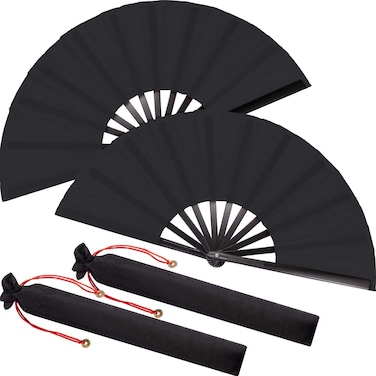 Large Folding Silk Hand Fan Hand Folding Fans Chinese Tai Chi Folding Fan for Men and Women Performance, Dance, Decorations, Festival, Gift (Black, 2 Packs)