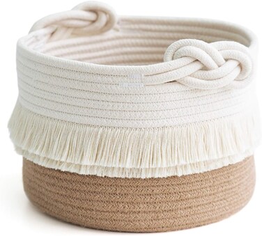 Small Woven Storage Baskets Cotton and Jute Rope Decorative Hamper for Diaper, Blankets, Magazine and Keys, Cute Tassel Nursery Decor - Home Storage Container &ndash; 9.5'' x 7''