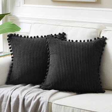 Pack of 2 Black Decorative Throw Pillow Covers with Pom-poms, Soft Corduroy Solid Square Cushion Cases Set for Couch Sofa Bedroom Car Living Room (18x18 Inch/45x45 cm, Black)