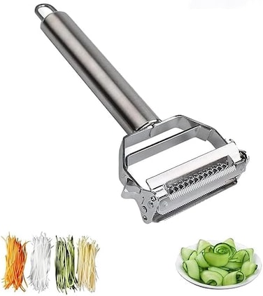 Stainless Steel 2 in 1 Julienne Vegetable Peeler Multi-Functional Fruit Vegetable Double Planing Cutter Potato Cucumber Carrot Melon Grater (Silver, 18 x 8.2 x 2.4 cm)
