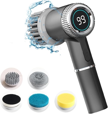 Rechargeable Electric Spin Scrubber, Cordless Cleaning Brush with Long Handle,3 Replaceable Brush Heads Shower Scrubber for Bathroom Tub, Floor, Tile, Kitchen and Shoes (Gray)