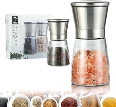 Salt and Pepper Grinder, 2-Pack Stainless Steel Salt &amp; Pepper Grinders Refillable Set with Adjustable Coarseness for Sea Salt, Black Peppercorn, Spices (2 Pack)