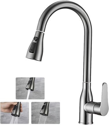 Kitchen Faucet with 60CM Pull Down Sprayer,Stainless Steel Kitchen Sink for Kitchen Single Lever,High Arc 360&deg;Swivel Kitchen Sink Faucet with 3 Spray Modes for Home,Office,Hotel(Gun Gray)