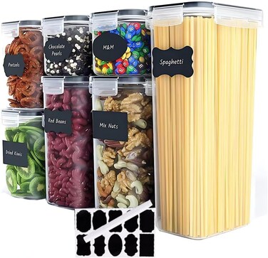 Airtight Food Storage Containers Set,7 Pcs Kitchen &amp; Pantry Containers with Lock Lids, BPA Free Tanks with Stickers and Marker for Flour, Cereal, Spaghetti and Sugar (Clear)