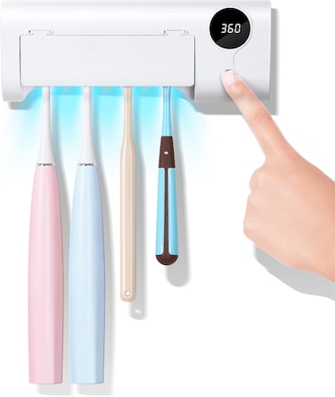 UV Toothbrush Cleaner, Timer Function, Rechargeable Tooth Brush Holder Wall-Mounted for Bathroom, No Drilling, 4 Slots