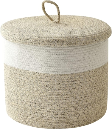 Woven Storage Basket With Lid - Large Cotton Rope Laundry Hamper - Round Cover for Nursery Baby Toy Organizers - Blanket Holder for Living Room, Bedroom Home Decor 16"D x 14"H
