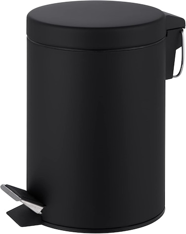 Innoteck Essentials Round Colour Coated Pedal Bin 3L Dustbin Size 26x17cm for Kitchen and bathroom, Matt Black, Powder Coated Steel, 3 Litre