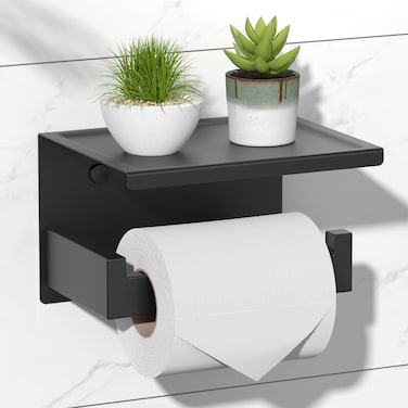 Matte Black Toilet Paper Holder Adhesive, 3M Toilet Paper Holder with Shelf, 3M Adhesive No Drill or Wall-Mounted with Screws for Bathroom