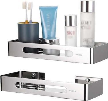 2pcs Shower Organizer Shelf Storage Corner Rack Stainless Steel Bathroom Caddy Wall Mounted Bathroom Accessory Shelf, Silver