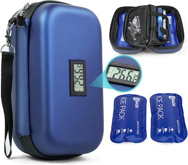 Radiotronics 24h Insulin Cooler Travel Case TSA Approved Medication Diabetic Cooler For Travel With Thermometer Temperature Display Refrigerated Medicine Organizer Bag With 2 Ice Pack