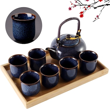 Kiln Altered Glaze Porcelain Tea Set with 1 Teapot, 6 Tea Cups &amp; 1 Tea Tray, Unique Chinese Tea Sets for Adults/Tea Lovers/Women/Men, Dark Blue