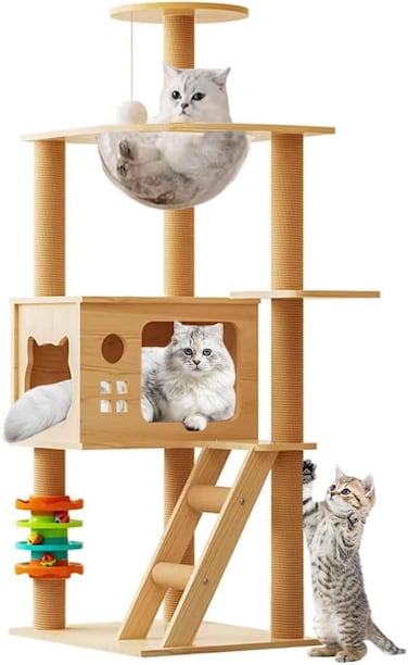 Radiotronics Cat Tree House Tower Sisal Rope Scratching Post Pet Climber Scratcher Condo with Interactive Toy for Adult Cat Kitten Indoor Play Sleeping Activity (Beige)