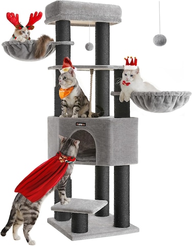 Cat Tree for Large Cats, 63-Inch Heavy-Duty Cat Tower with Self-Warming Pads, 2 Self-Groomers, 9 Scratching Posts, Large Perch, Cave, and Baskets, Dove Gray and Black
