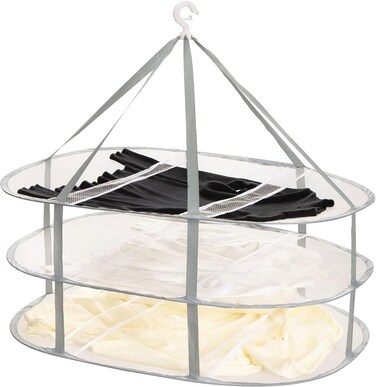 Radiotronics 3 Tier Foldable Mesh Clothes Hanging Dryer, Hanging Mesh Net Dryer Collapsible with Windproof Hook, for Hydroponics Flowers, Buds, Fruits