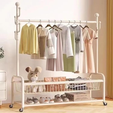 Rolling Clothing Racks with U-Base, Garment Rack with Double Layer Storage Basket,Portable Garment Rack Wardrobe Organizer