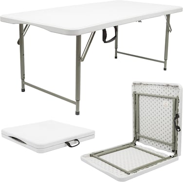 Folding Lightweight Trestle Outdoor Camping Table, Heavy Duty Plastic Outdoor Picnic Table, Folds in Half with Carry Handle, White