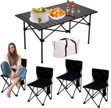 Camping Table with Chairs Set, Portable Folding Table and Seats for 4 People, Picnic Aluminum Family Table Chair Set for Outdoor Travel