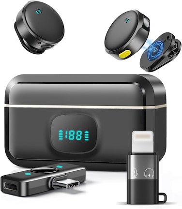 Wireless Lavalier Microphone for iPhone/Android, Mini Lapel Mic with Charging Case, Magnetic Clip, Noise Cancelling, 300FT Range, Condenser Mic