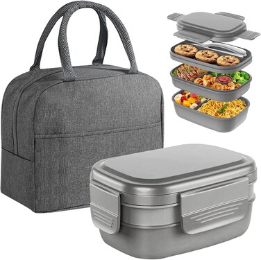 Lunch Box, 3 Layer Stackable Bento Box with Lunch Bag, Lunch Box for Kids Adults, Lunch Box Built-in Plastic Utensil Set(Grey)