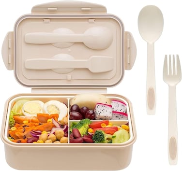 Radiotronics Bento Box, 3 Compartments 1400ml Lunch Box For Kids and Adults with Reusable Spoon and Fork, Leakproof Food Container for On the Go Meal, Microwave Safe (Khaki)