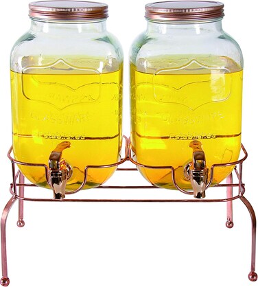 Dual 4 Litre Beverage Glass Dispenser With Stand, Glass Air Tight Cold Water Pitcher Leak Proof tap Juice Dispenser, Dispenser with Tap &amp; Air Tight Lid.